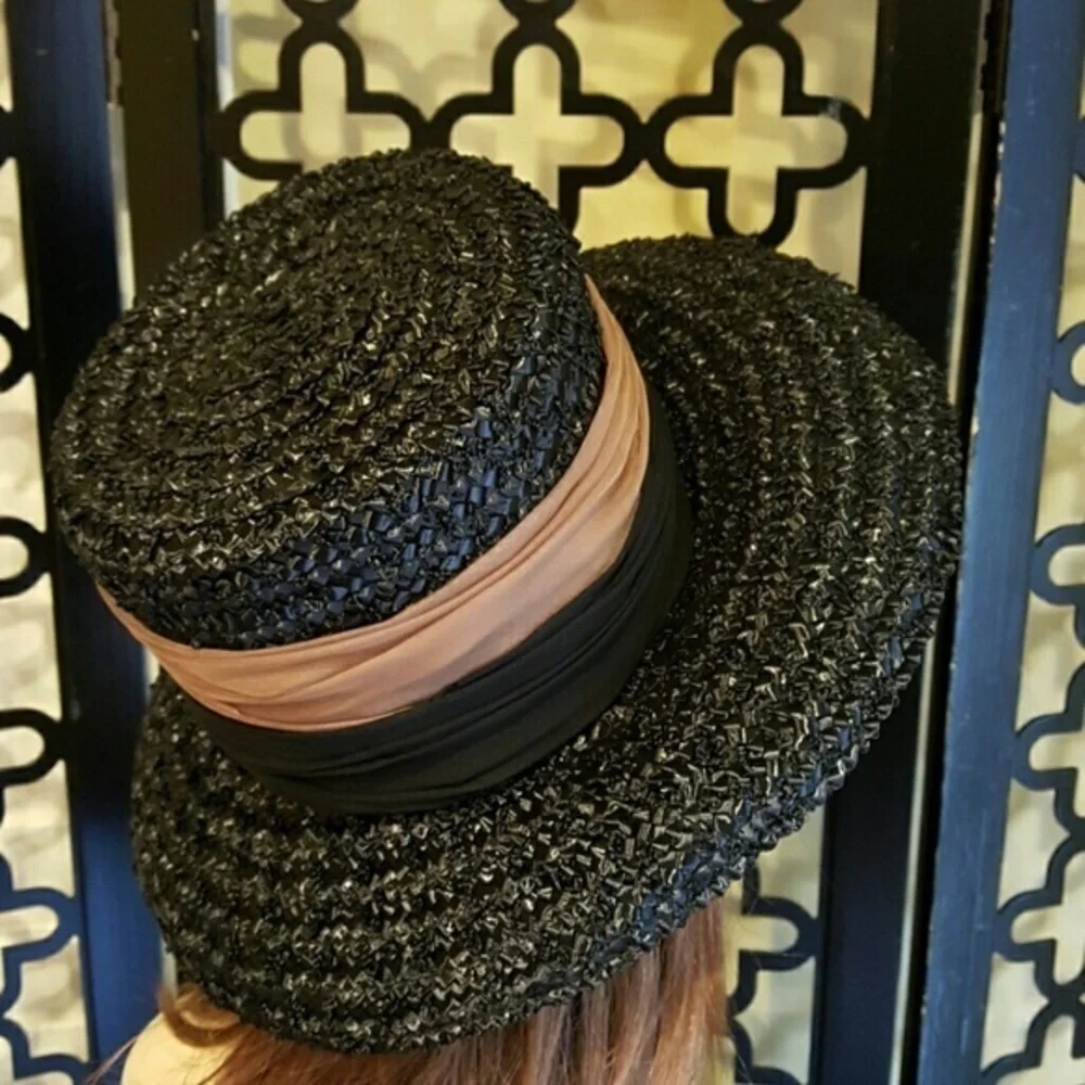 BLACK BROWN STRAW DERBY CHURCH TEA CORALIE VTG HAT STRAW - Picture 2 of 5